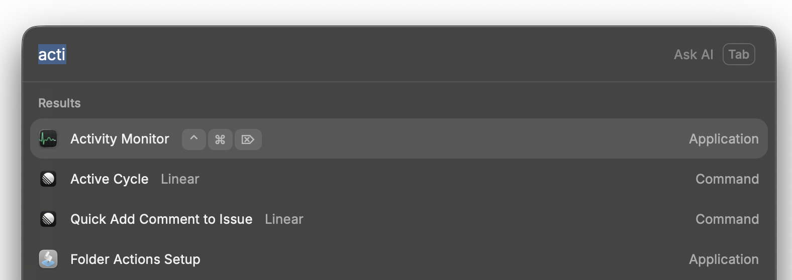 Raycast showing Activity Monitor with inline shortcut display