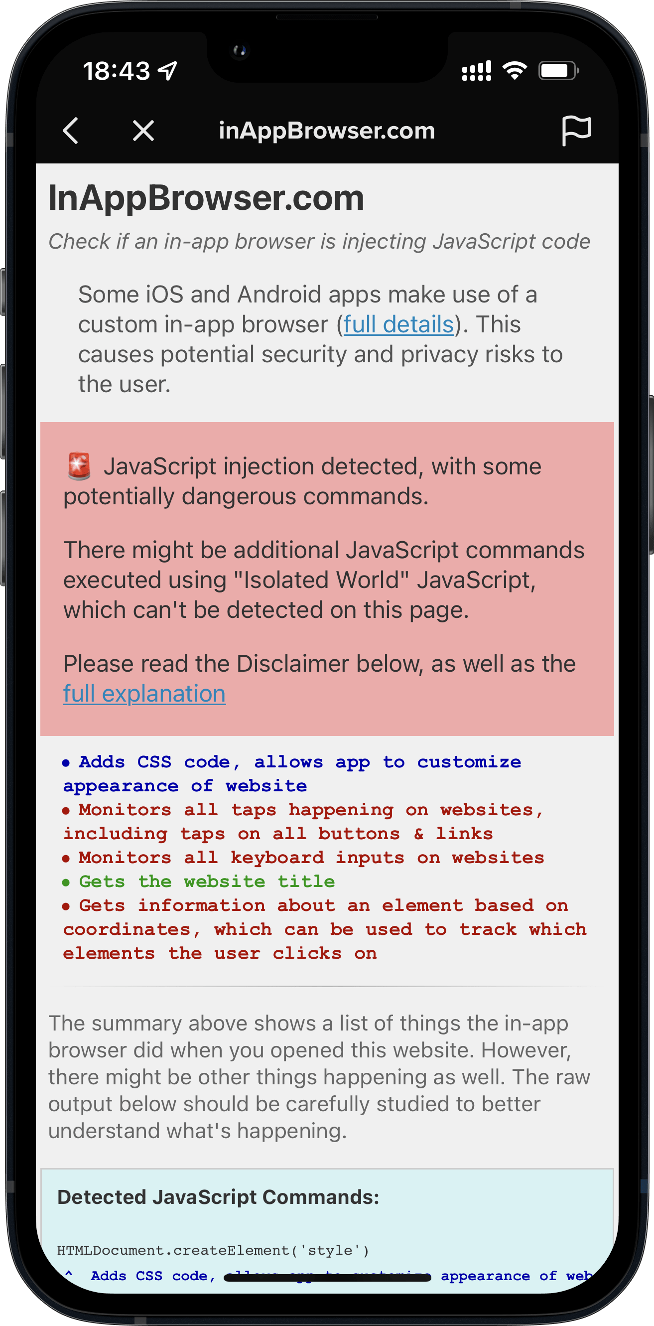 iPhone ที่แสดงเว็บไซต์ inappbrowser.com แสดงผลภายใน TikTok แสดงให้เห็นว่ามีการเพิ่มโค้ด CSS อย่างไร เพิ่มการตรวจสอบสำหรับการแตะทั้งหมดและอินพุตคีย์บอร์ดทั้งหมด ตลอดจนรับพิกัดขององค์ประกอบที่ผู้ใช้แตะ
