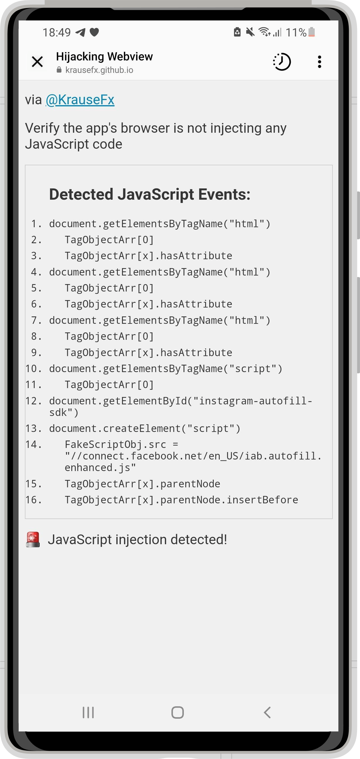 The same code as the previous photo, however this time inside Android Instagram